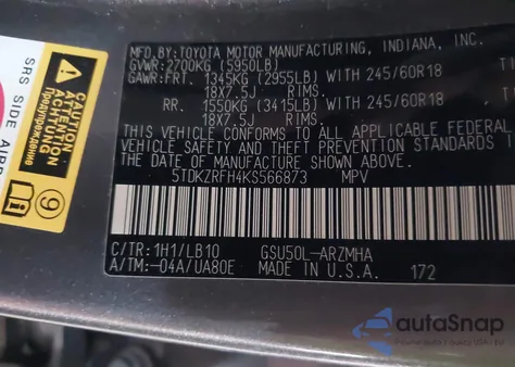 2019 Toyota Highlander Xle z USA, uszkodzony, nr VIN 5TDKZRFH4KS566873